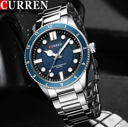 M:8450 Curren Blue Dial silver Stainless Steel Chain Quartz Analog Men's Watch.