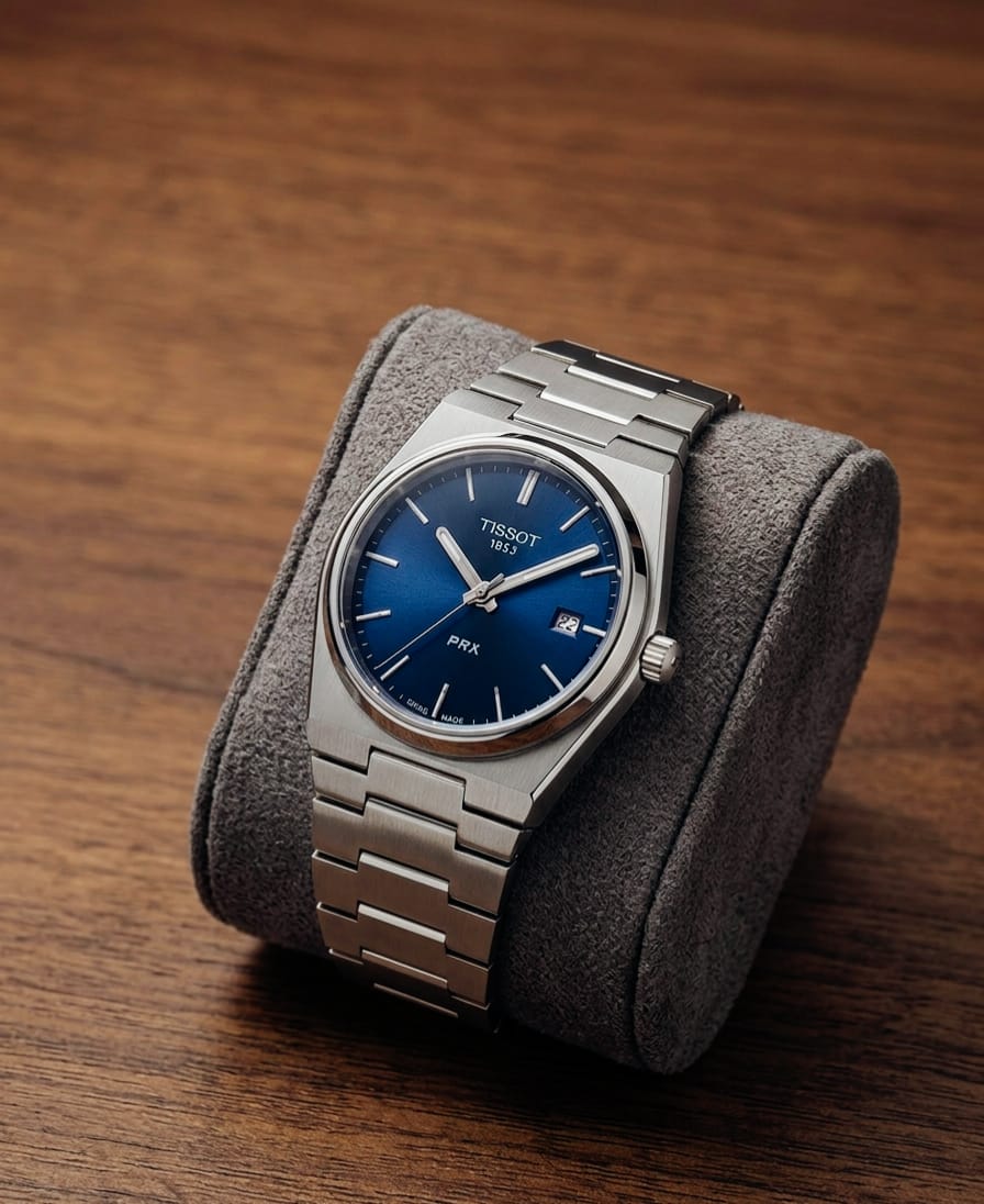 Silver watch with blue face on a gray cushion against a wooden background