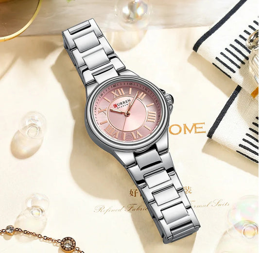C-9091L Curren pink Dial silver Stainless Steel Analog Quartz Women's Watch.